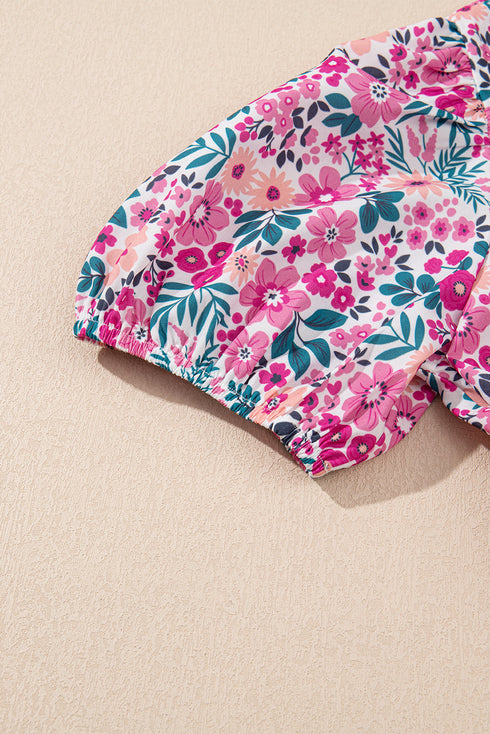 Pink Floral Collared Half Placket Short Sleeve Loose Dress